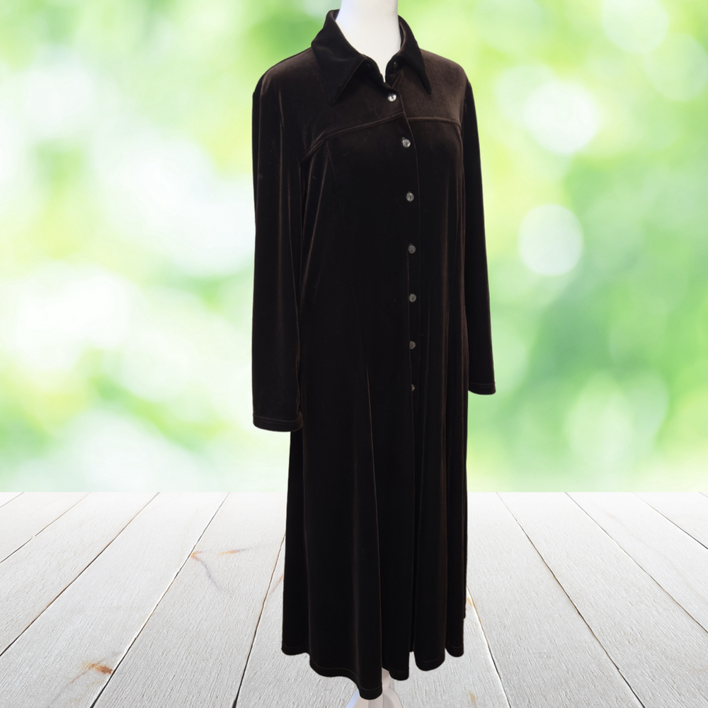Vintage COLDWATER CREEK Velvet Shirt Dress Brown Button Front A-Line Y2K Size M